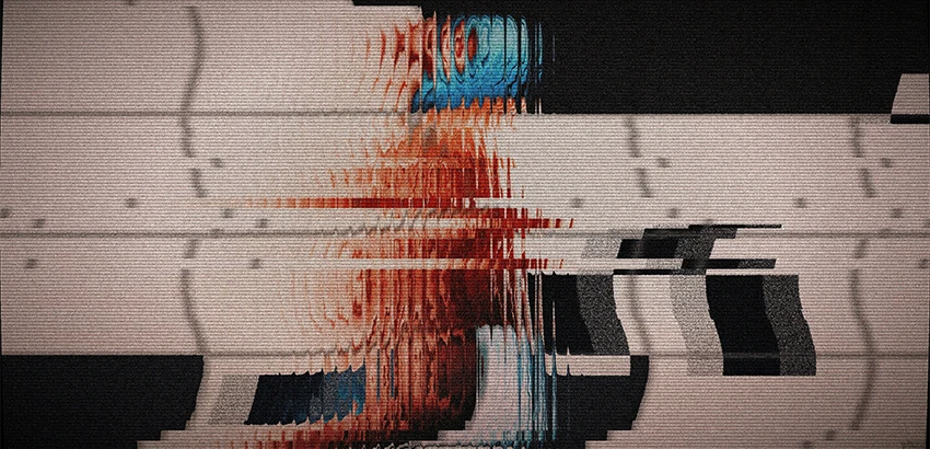 Abstraktes digitales Bild mit Glitch-Effekt: Verzerrte Formen in Rot, Blau und Schwarz auf hellem Hintergrund, die Datenfehler oder Signalstörungen evozieren.